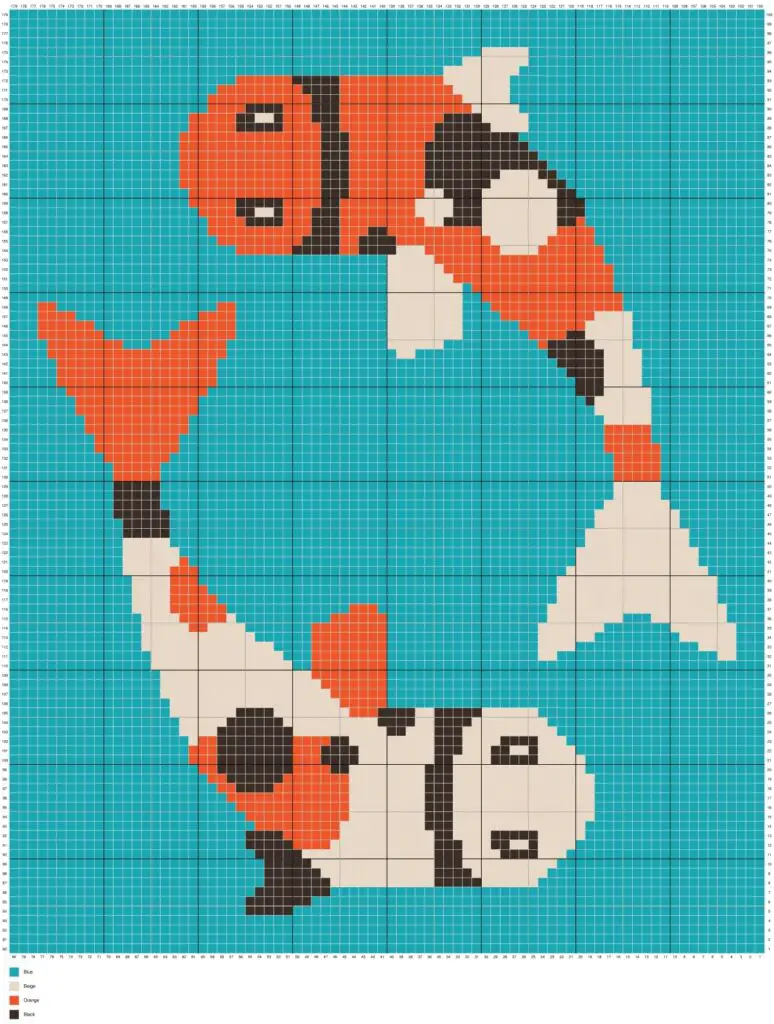 Chinese Koi Fish In Pond by Magic Yarn Pixels - WITH GRID AND LEGEND