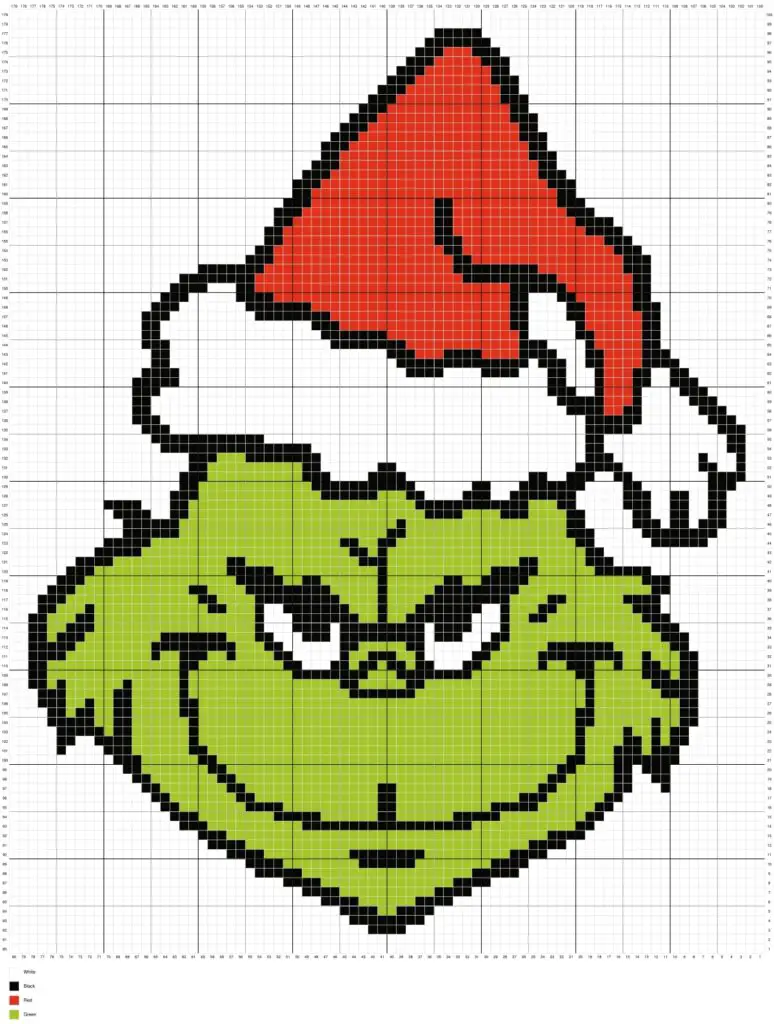 Christmas Grinch With Santa Hat by Magic Yarn Pixels - WITH GRID AND LEGEND