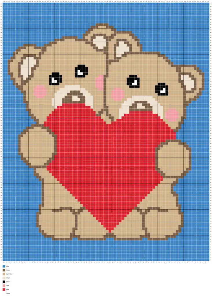 Valentines Teddy Bears by Magic Yarn Pixels - WITH GRID AND LEGEND