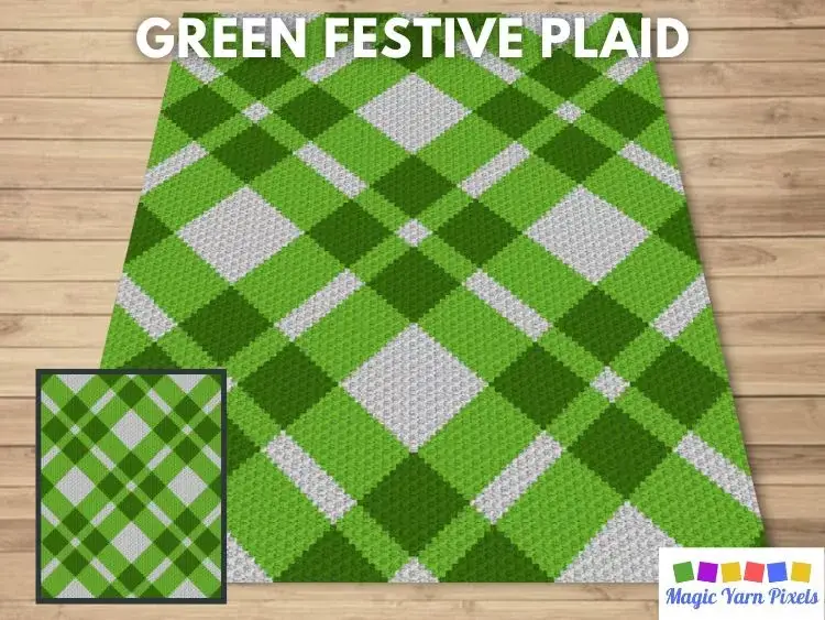 BLOG PREVIEW POSTER - Green Festive Plaid Crochet Blanket Pattern And Free Graph - Magic Yarn Pixels