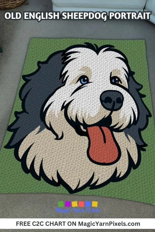 FREE IMAGES PIN 1 - Old English Sheepdog Portrait - Free C2C Chart - Magic Yarn Pixels