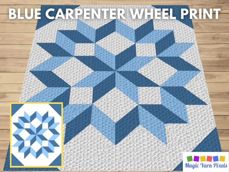 BLOG PREVIEW POSTER - Blue Carpenter Wheel Print - Magic Yarn Pixels