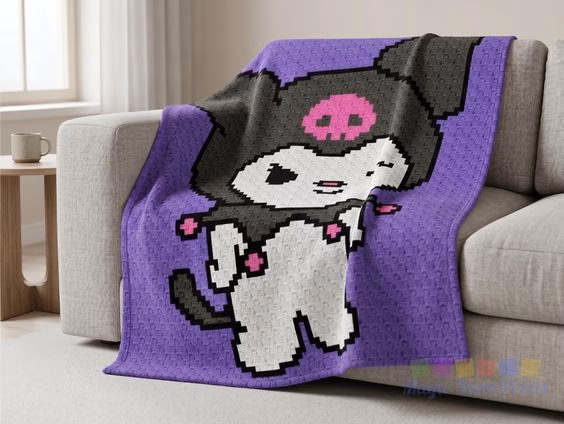 A corner-to-corner crochet blanket featuring the character Kuromi on a bright purple background, draped over a light grey sofa, featured on https://magicyarnpixels.com/.