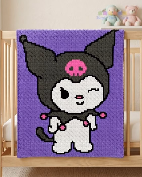 A corner-to-corner crochet baby blanket featuring the character Kuromi on a bright purple background, draped over the side of a light wooden crib in a nursery, featured on https://magicyarnpixels.com/.