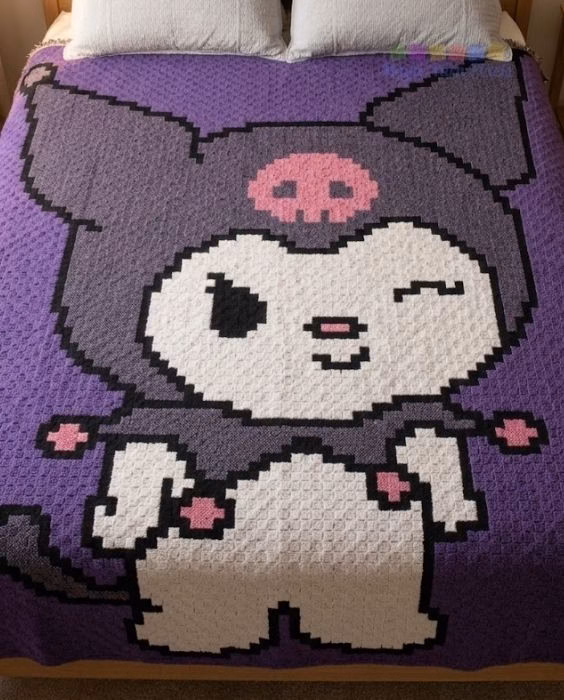 A large corner-to-corner crochet blanket featuring the character Kuromi on a purple background, laid flat across a bed with two white pillows, featured in a crochet roundup from https://magicyarnpixels.com/.