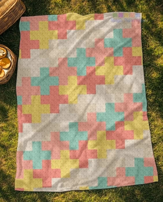 A lifestyle shot of the Modern Kawaii Crosses blanket used as a picnic rug on green grass next to a wicker basket. The geometric pastel pattern is a free C2C crochet design by Ariana Wimsett of Magic Yarn Pixels.