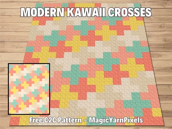 A digital mock-up of the Modern Kawaii Crosses blanket spread across a wooden floor, featuring an inset of the full pattern repeat. Text highlights this as a free C2C pattern by Ariana Wimsett of Magic Yarn Pixels.