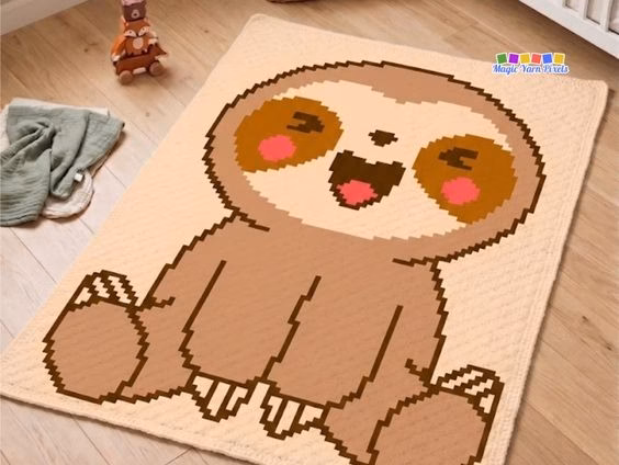 A peach corner-to-corner (C2C) crochet baby blanket with a pixel art baby sloth design laying flat on a light wood floor in a nursery room. The Magic Yarn Pixels logo is visible in the top right corner. Original design by Ariana of MagicYarnPixels.
