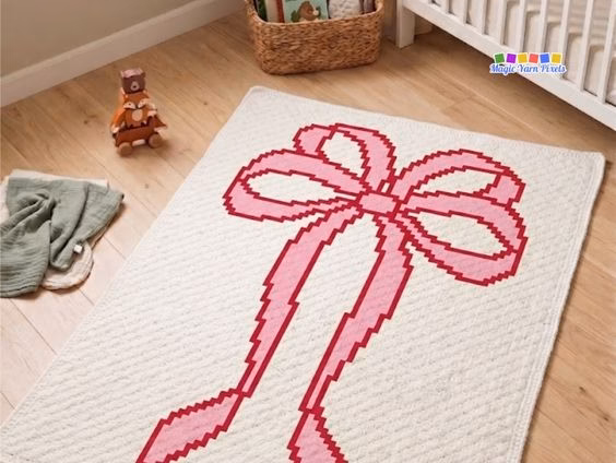 Cream C2C crochet baby blanket with a large pink pixel coquette bow design displayed on a wooden floor next to a nursery crib. Original design by Ariana of MagicYarnPixels.