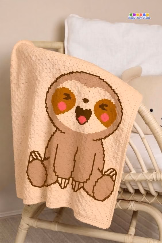 A peach corner-to-corner (C2C) crochet baby blanket with a pixel art baby sloth design draped over the side of a rattan crib in a nursery room. The Magic Yarn Pixels logo is visible in the top right corner. Original design by Ariana of MagicYarnPixels.