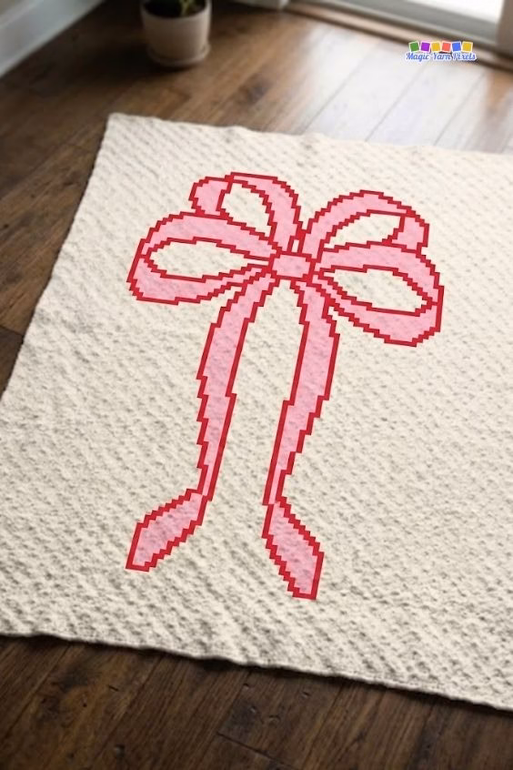Full view of a cream C2C crochet blanket featuring a large pink pixel coquette bow design, displayed flat on a dark wooden floor. Original design by Ariana of MagicYarnPixels.