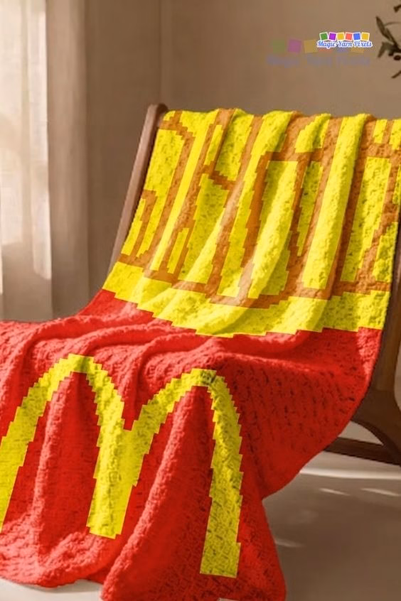 A red corner-to-corner (C2C) crochet blanket draped over a wooden armchair by a sunlit window, showcasing a pixel art design of fast food french fries in a red container with the iconic yellow golden arches logo. Original Design by Ariana of MagicYarnPixels.