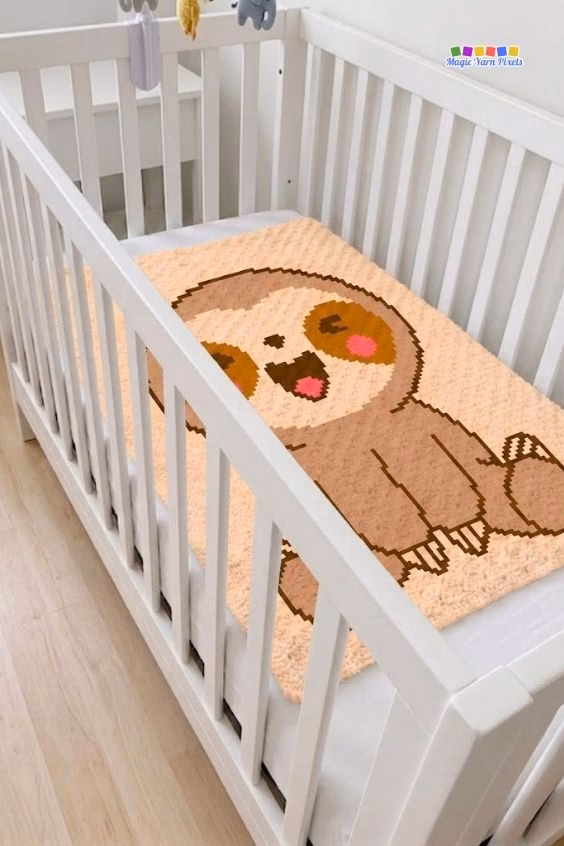 A peach corner-to-corner (C2C) crochet baby blanket with a pixel art baby sloth design laying flat inside a white wooden crib. The Magic Yarn Pixels logo is visible in the top right corner. Original design by Ariana of MagicYarnPixels.