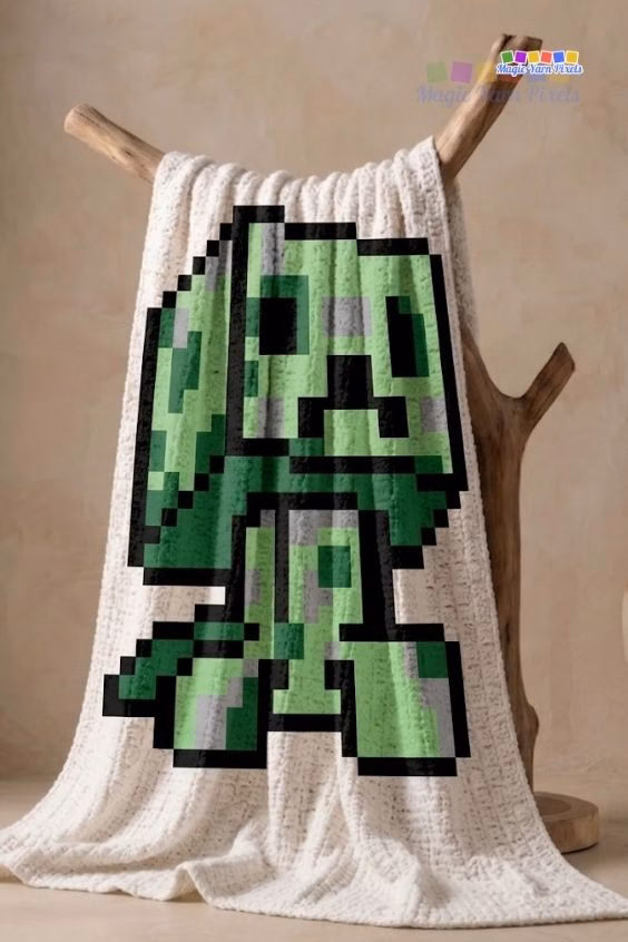 A white corner-to-corner crocheted blanket with a green Minecraft Creeper pixel art design, styled hanging over a rustic wooden display stand. Original design by Ariana of MagicYarnPixels.
