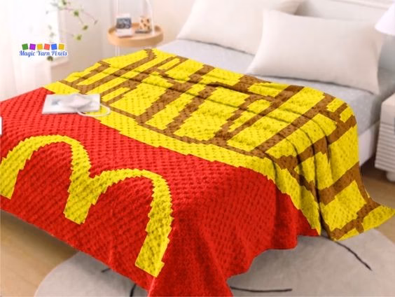 A red corner-to-corner (C2C) crochet blanket spread over a bed with white pillows and sheets, showcasing a pixel art design of fast food french fries in a red box with the iconic yellow golden arches logo. Original Design by Ariana of MagicYarnPixels.