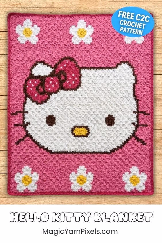 Cute Hello Kitty C2C crochet blanket featuring Hello Kitty's face with a pink patterned bow, set against a pink textured background decorated with white and yellow flowers. Original design created by Ariana Wimsett at MagicYarnPixels.com