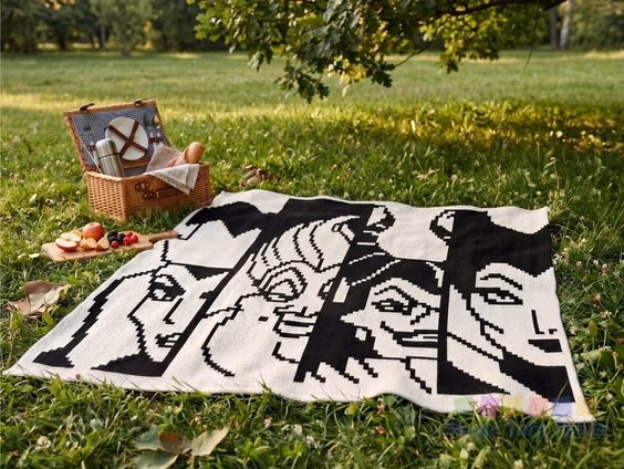 A black and white C2C crochet blanket laid out on green grass for a picnic, placed next to a wicker picnic basket and a small wooden board with fresh fruit. The blanket features pixelated designs of four villains: the Evil Queen, Ursula, Cruella de Vil, and Maleficent. A faint Magic Yarn Pixels watermark is in the bottom right corner. This is part of a crochet roundup from https://magicyarnpixels.com/.