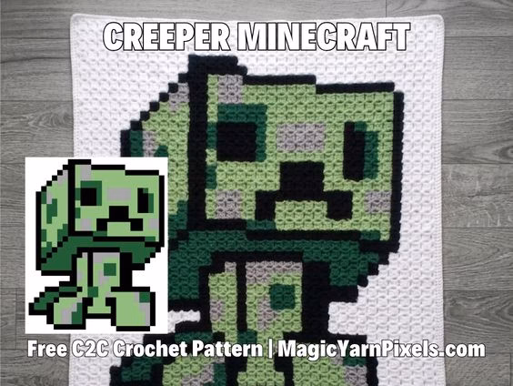 A white C2C crochet blanket with a green Minecraft Creeper pixel art design, shown next to its digital graph pattern. Text overlay promotes a free pattern at MagicYarnPixels.com. Original design by Ariana of MagicYarnPixels.