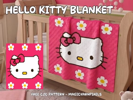 Cute Hello Kitty C2C crochet blanket featuring a large Hello Kitty face centered on a hot pink background with white and yellow flowers. Original design created by Ariana Wimsett at MagicYarnPixels.com