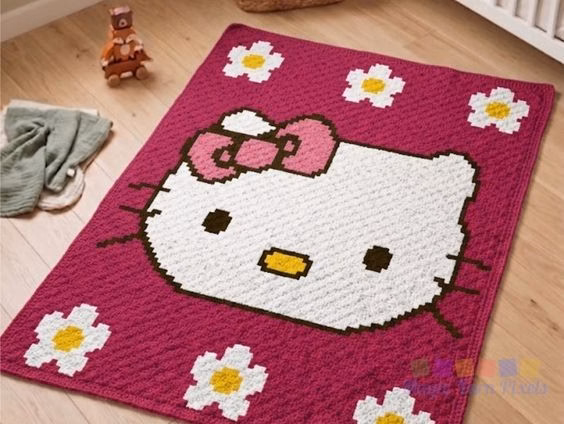 Cute Hello Kitty C2C crochet blanket lying flat on a wooden floor, featuring Hello Kitty's face with a pink bow on a deep magenta background bordered by white and yellow flowers. Original design created by Ariana Wimsett at MagicYarnPixels.com
