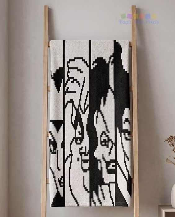 A black and white C2C crochet blanket draped over a wooden blanket ladder leaning against a light-colored wall. The blanket features pixelated designs of four villains: the Evil Queen, Ursula, Cruella de Vil, and Maleficent. The Magic Yarn Pixels watermark is visible in the top right corner. This is part of a crochet roundup from https://magicyarnpixels.com/.