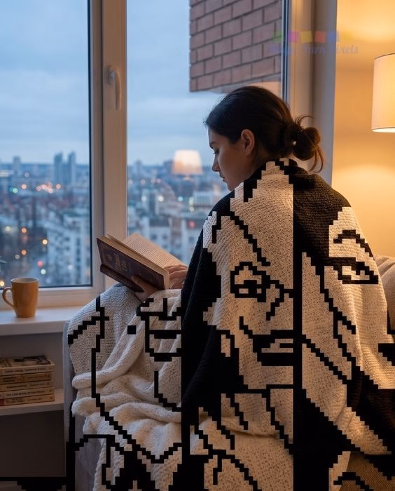 A woman sitting by a large window overlooking a city at dusk, reading a book while wrapped in a black and white C2C crochet blanket. The visible portion of the blanket features the pixelated faces of villains Cruella de Vil and Maleficent. The Magic Yarn Pixels watermark is visible in the top right corner. This is part of a crochet roundup from https://magicyarnpixels.com/.