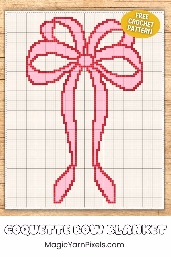 Crochet graph chart for the Coquette Bow Blanket featuring a pink pixel art bow on a grid system with a "Free Crochet Pattern" badge. Original design by Ariana of MagicYarnPixels.