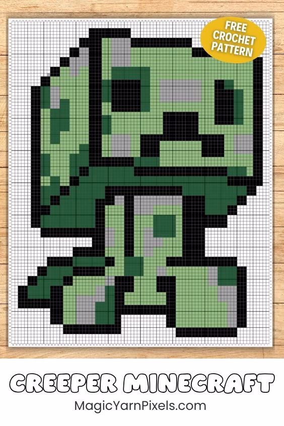 A green and black pixel art graph pattern of a Minecraft Creeper character with a "Free Crochet Pattern" badge. Text below features the title "CREEPER MINECRAFT" and the website MagicYarnPixels.com. Original design by Ariana of MagicYarnPixels.