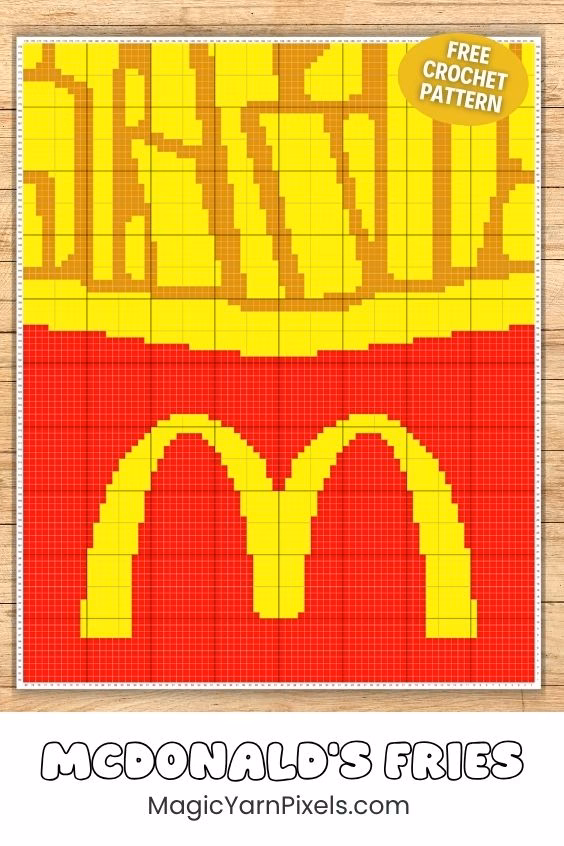 A corner-to-corner (C2C) crochet pattern graphic displaying a pixel art graph chart for a blanket layout of fast food french fries in a red box with the iconic yellow golden arches logo. The image features text below reading "MCDONALD'S FRIES" and "MagicYarnPixels.com" with a yellow badge at the top that reads "FREE CROCHET PATTERN." Original Design by Ariana of MagicYarnPixels.