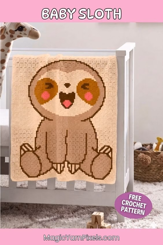 A peach corner-to-corner (C2C) crochet baby blanket featuring a pixel art baby sloth design hanging over the rail of a white crib. The image has a pink border with the text "BABY SLOTH" at the top and "MagicYarnPixels.com" at the bottom. A purple badge reads "FREE CROCHET PATTERN". Original design by Ariana of MagicYarnPixels.