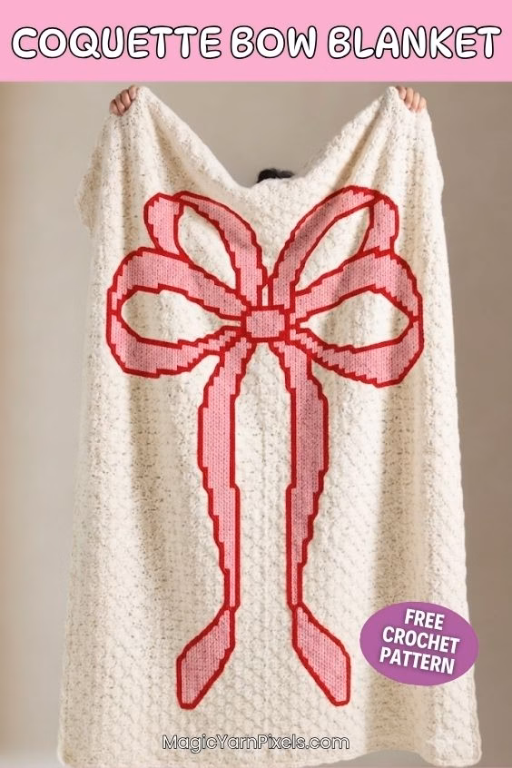 A cream C2C crochet blanket featuring a large pink pixel coquette bow held up high, with text overlay promoting the free pattern on MagicYarnPixels.com. Original design by Ariana of MagicYarnPixels.