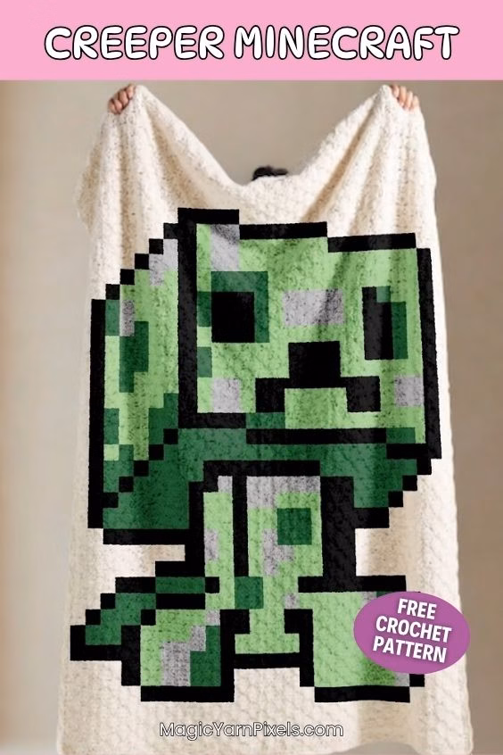 A white C2C crochet blanket with a large Minecraft Creeper pixel art design held up to show the full pattern. The image includes pink and purple promotional text badges for a free pattern at MagicYarnPixels.com. Original design by Ariana of MagicYarnPixels.