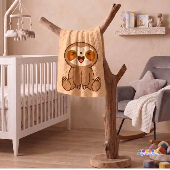 A crochet baby blanket featuring a pixel art baby sloth hanging over a wooden tree-shaped stand in a nursery next to a white crib and a gray rocking chair. Original design by Ariana of MagicYarnPixels.