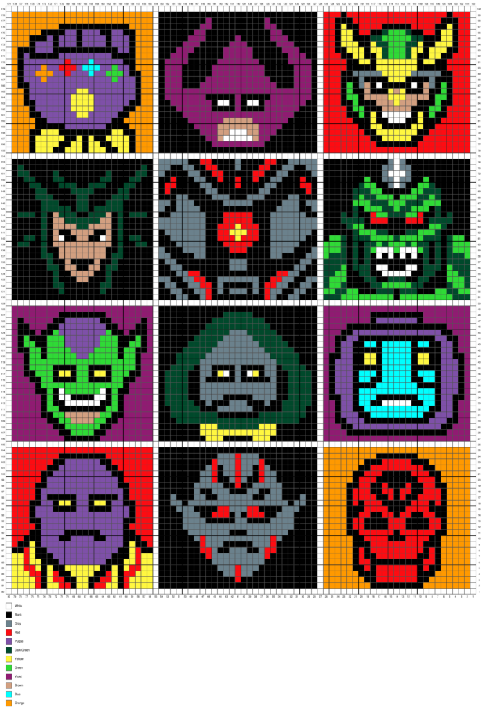 A comprehensive digital crochet pixel graph featuring a twelve-panel grid of different Avengers villains in a pixel art style. The grid borders include numbered row and column markers for pattern tracking, and a detailed color key mapping out the various yarn colors used is located at the bottom left corner. Original design by Ariana of MagicYarnPixels.