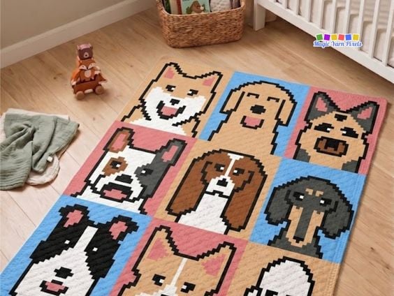 A corner view of a bright nursery room showing a colorful crochet baby blanket laid flat on a light wood floor. The blanket features a 3x3 grid of nine different pixel-art dog faces on blue, pink, and tan backgrounds. In the background, a white wooden crib stands next to a wicker basket, and a few wooden animal toys rest on the floor nearby. A "Magic Yarn Pixels" logo is visible in the upper right. Original design by Ariana of MagicYarnPixels.