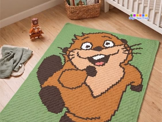 A green crochet blanket lying flat on a wooden nursery floor. The blanket features a large, pixel-style cartoon beaver smiling and waving. Original design by Ariana of MagicYarnPixels.