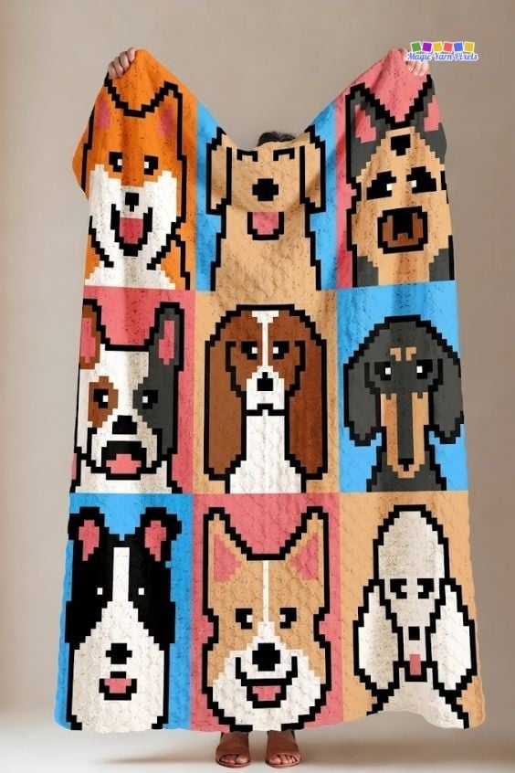 A person holding up a large, colorful crochet blanket to display its full design against a neutral background. The blanket features nine distinct pixelated dog portraits arranged in a 3x3 grid with alternating bright backdrops. A "Magic Yarn Pixels" logo is placed in the top right corner. Original design by Ariana of MagicYarnPixels.