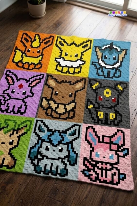 A high-angle shot of a completed Eeveelution C2C crochet blanket spread out on a dark hardwood floor near a window. The blanket's grid layout clearly displays the pixelated designs of Flareon, Jolteon, Vaporeon, Espeon, Eevee, Umbreon, Leafeon, Glaceon, and Sylveon across colorful background panels. Natural light streams across the textured surface from the right, and a small logo is in the top right corner. Original design by Ariana of MagicYarnPixels.