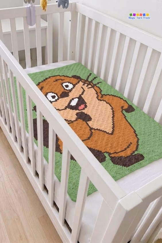 A green crochet blanket lying flat inside a white baby crib. The blanket features a large, pixel-style cartoon beaver smiling and waving. Original design by Ariana of MagicYarnPixels.