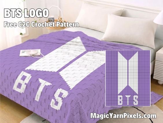 Purple crochet blanket on a bed featuring a large white BTS logo and letters. A smaller inset shows the corresponding grid chart. Original design by Ariana of MagicYarnPixels.