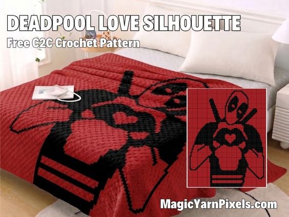 A red corner-to-corner (C2C) crochet blanket spread over a bed, displaying a large black silhouette design of Deadpool making a heart shape with his hands. Large white text at the top reads "DEADPOOL LOVE SILHOUETTE Free C2C Crochet Pattern". An inset in the bottom right corner shows the digital grid graph design for the pattern, along with the website text "MagicYarnPixels.com". Original design by Ariana of MagicYarnPixels.