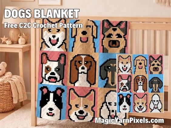 A pixel-art style crochet baby blanket draped over a wooden crib, showcasing a 3x3 grid of nine different dog breed faces (including a Shiba Inu, Golden Retriever, German Shepherd, French Bulldog, Beagle, Dachshund, Border Collie, Corgi, and Poodle) against alternating blue, pink, and tan backgrounds. Large text overlay reads "DOGS BLANKET Free C2C Crochet Pattern". A small inset on the right shows the full pixel grid chart, and "MagicYarnPixels.com" is printed at the bottom. Original design by Ariana of MagicYarnPixels.