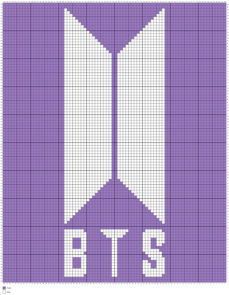 A digital corner-to-corner (C2C) crochet graph chart showing a purple background with numbered grid lines. White pixels form the geometric BTS logo in the center and the block letters "BTS" across the bottom of the chart. A small color key in the lower-left corner labels the colors as purple and white. Original design by Ariana of MagicYarnPixels.