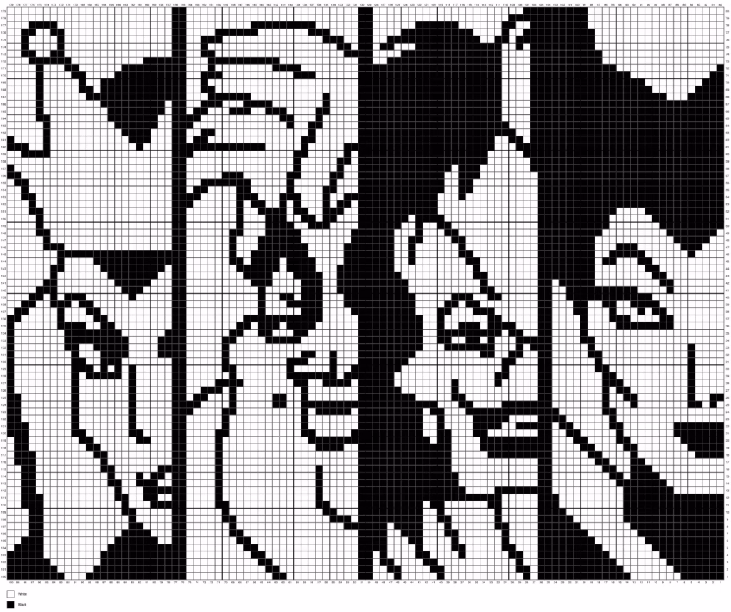 A black and white C2C crochet graph pattern on a numbered grid featuring the pixelated faces of four villains: the Evil Queen, Ursula, Cruella de Vil, and Maleficent. A color legend for white and black yarn is visible at the bottom left. This is part of a crochet roundup from https://magicyarnpixels.com/.