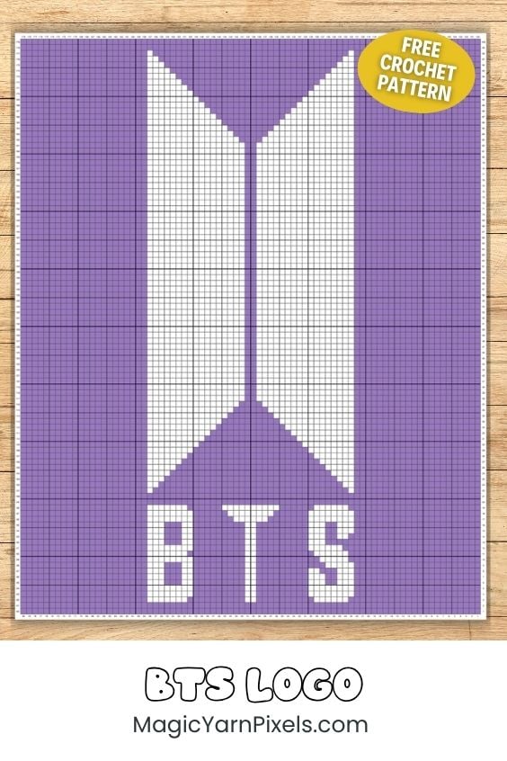 A digital Pinterest pin featuring a purple and white grid pattern graph for a corner-to-corner (C2C) blanket design. The graph displays the geometric BTS logo centered above the block letters "BTS" in white pixels against a purple background. A yellow circular badge in the top right corner reads "FREE CROCHET PATTERN," and the text below the graph reads "BTS LOGO" and "MagicYarnPixels.com". Original design by Ariana of MagicYarnPixels.A digital Pinterest pin featuring a purple and white grid pattern graph for a corner-to-corner (C2C) blanket design. The graph displays the geometric BTS logo centered above the block letters "BTS" in white pixels against a purple background. A yellow circular badge in the top right corner reads "FREE CROCHET PATTERN," and the text below the graph reads "BTS LOGO" and "MagicYarnPixels.com". Original design by Ariana of MagicYarnPixels.