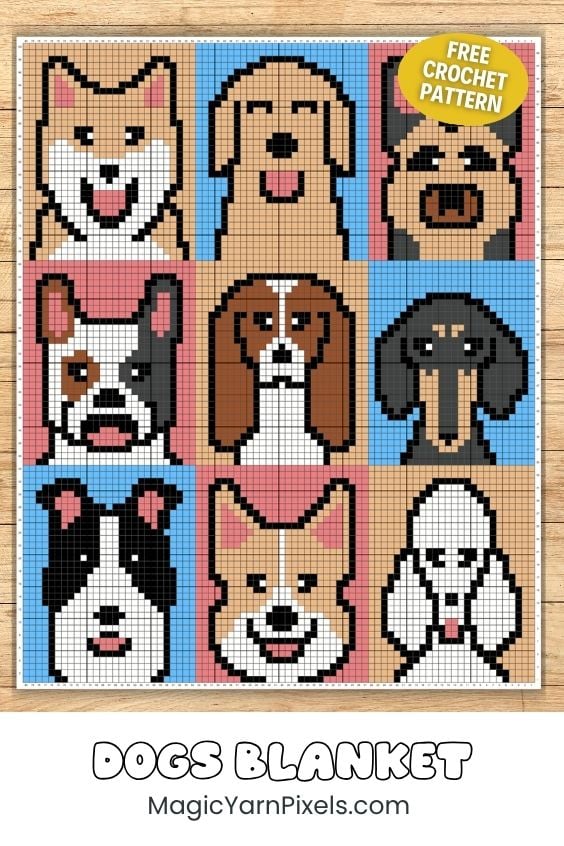 A complete pixel graph chart for a crochet pattern featuring a 3x3 grid of nine cartoon dog faces on a grid background, displayed against a light wood panel. A bright yellow circle sticker graphic in the top right corner reads "FREE CROCHET PATTERN". Large text below the chart reads "DOGS BLANKET MagicYarnPixels.com". Original design by Ariana of MagicYarnPixels.