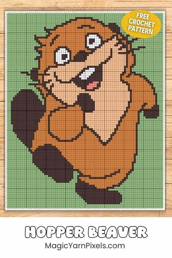 A gridded pixel art graph on a wooden background showing a happy, waving cartoon beaver on a light green grid. A yellow circle badge reads "Free Crochet Pattern," and text below says "Hopper Beaver MagicYarnPixels.com". Original design by Ariana of MagicYarnPixels.