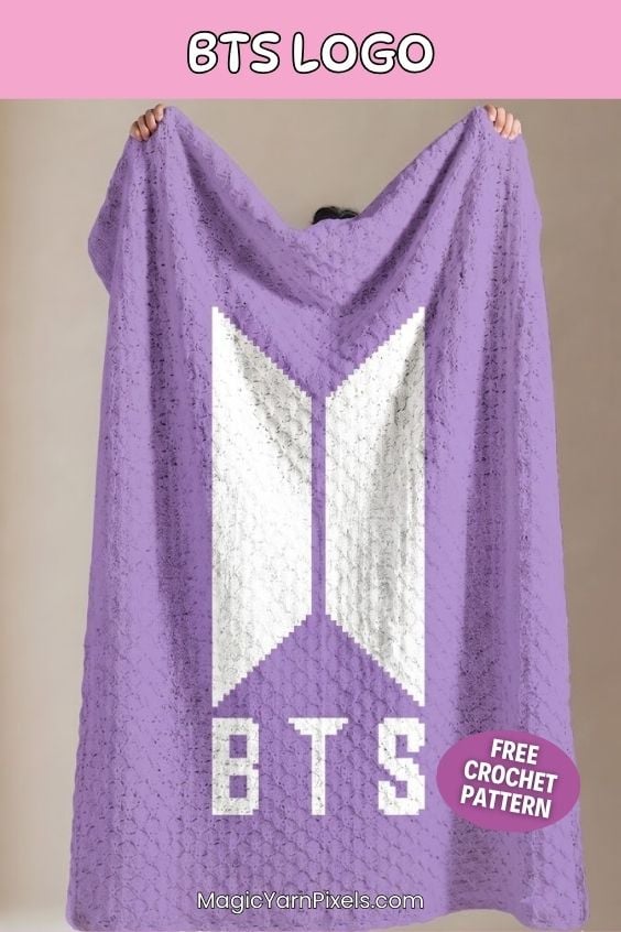 A vertical Pinterest pin showing a person holding up a large, purple and white corner-to-corner (C2C) crocheted blanket. The textured blanket prominently features the white geometric BTS logo above the text "BTS". The pin has a pink header at the top reading "BTS LOGO", a purple oval badge in the bottom right that says "FREE CROCHET PATTERN", and the website "MagicYarnPixels.com" printed at the bottom. Original design by Ariana of MagicYarnPixels.