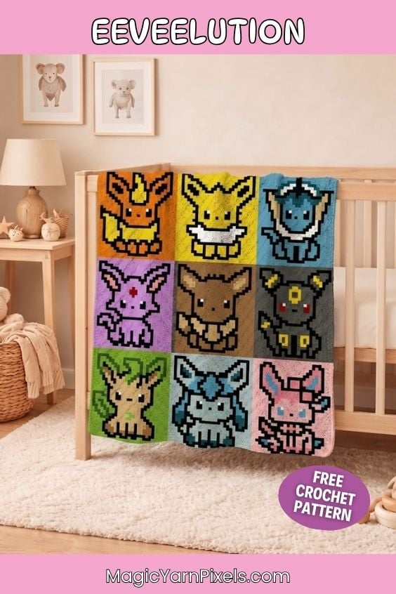 A Pinterest pin graphic with a soft pink border at the top and bottom. The central image shows an Eeveelution pixel art crochet blanket hanging over a wooden crib in a brightly lit nursery. The word "EEVEELUTION" is written in a playful font across the top pink bar, and a purple circular badge in the bottom right reads "FREE CROCHET PATTERN". The website "MagicYarnPixels.com" is printed along the bottom edge. Original design by Ariana of MagicYarnPixels.