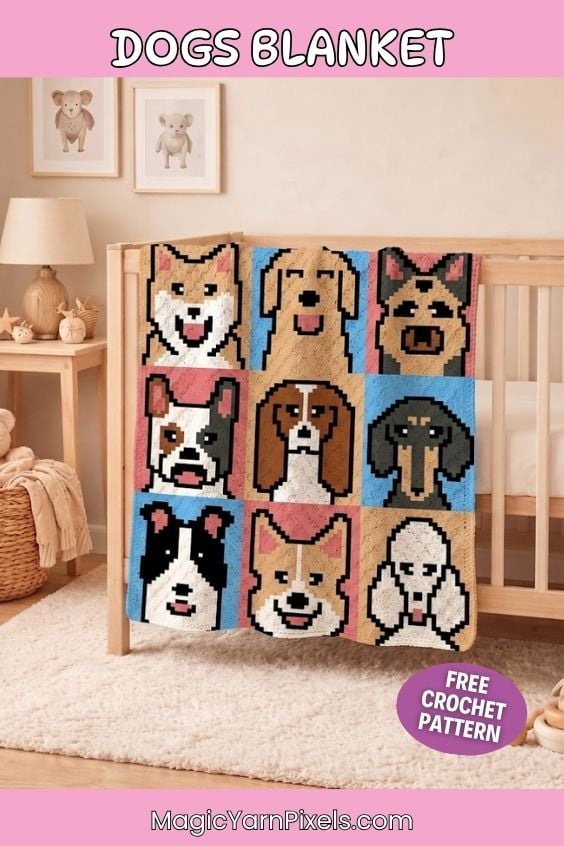 A Pinterest pin graphic with a pink border featuring a crochet blanket decorated with nine different pixelated dog faces draped over a light wood crib in a bright nursery. A pink banner at the top reads "DOGS BLANKET", a purple circle graphic near the bottom right says "FREE CROCHET PATTERN", and the website "MagicYarnPixels.com" is printed at the very bottom. Original design by Ariana of MagicYarnPixels.